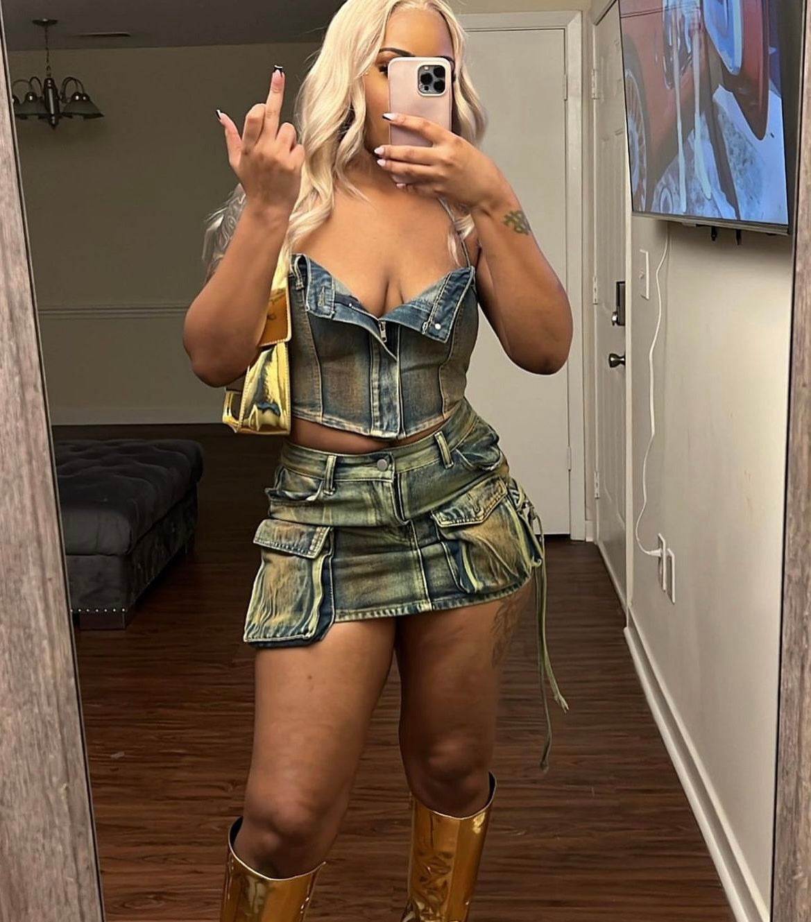 Stained Denim Cargo Skirt