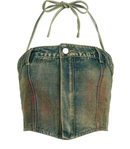 Stained Denim Halter Top